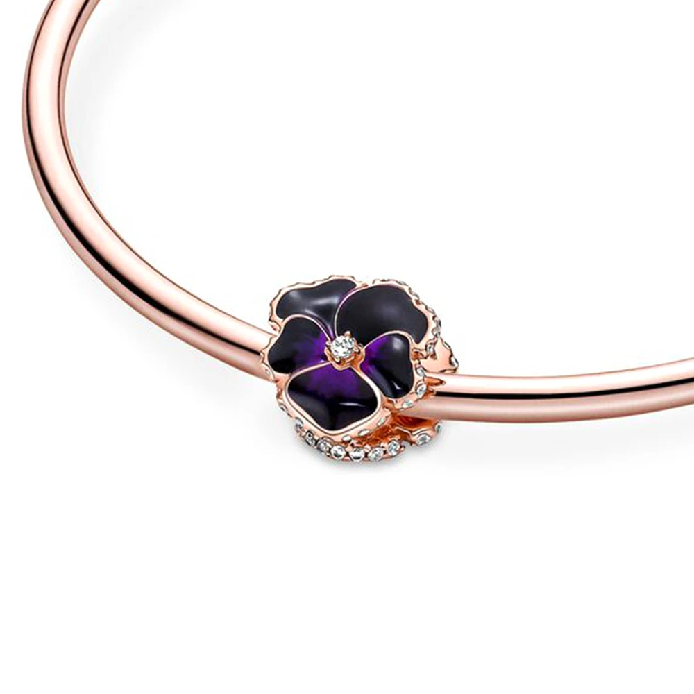 Pandora-Bracelet à breloques fleur de pansy pour femme, bleu, violet, rose, cadeau de bricolage exécutif, fête d'anniversaire 2