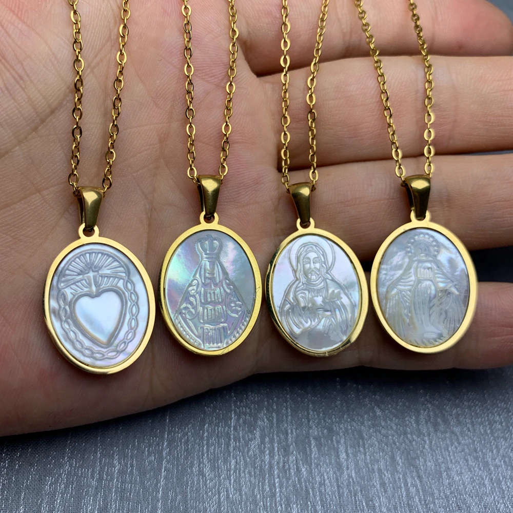 

Women's Stainless Steel Necklace Oval Mother of Pearl Shell Religious Jesus Our Lady Virgin Mary Sacred Heart Pendant For Female