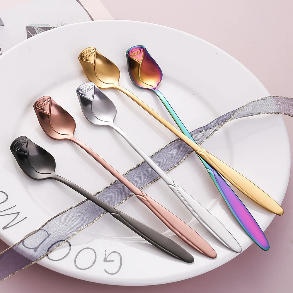 

4PCS Creative Roses Coffee Spoon Ice Cream Dessert Milk Teaspoons Elegant Gift Flower Spoons Set Gold Stainless Steel Tableware