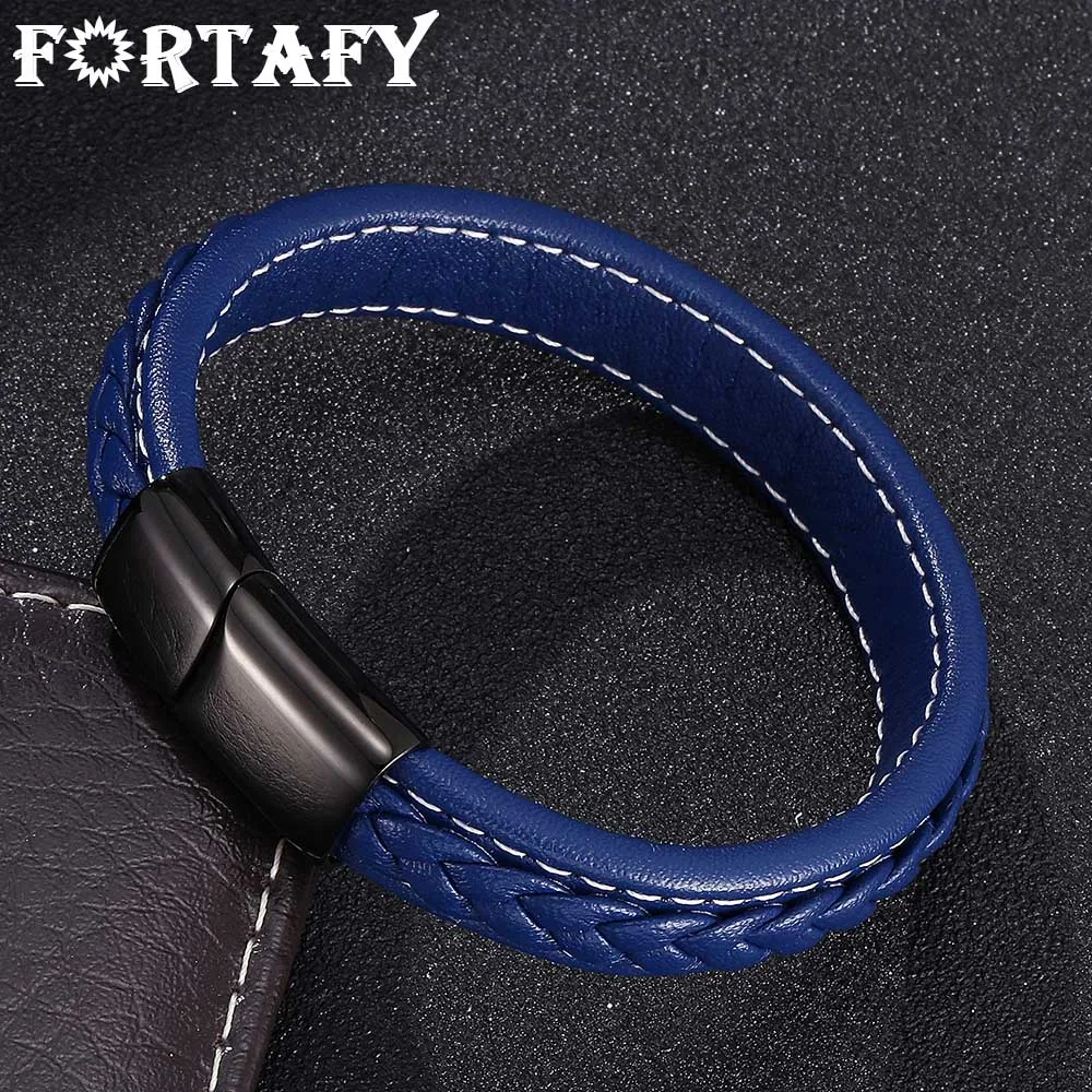 

FORTAFY Men Jewelry Pulsera Punk Rock Braided Leather Bracelet Stainless Steel Magnetic Clasp Charm Man Fashion Bangles FR0019
