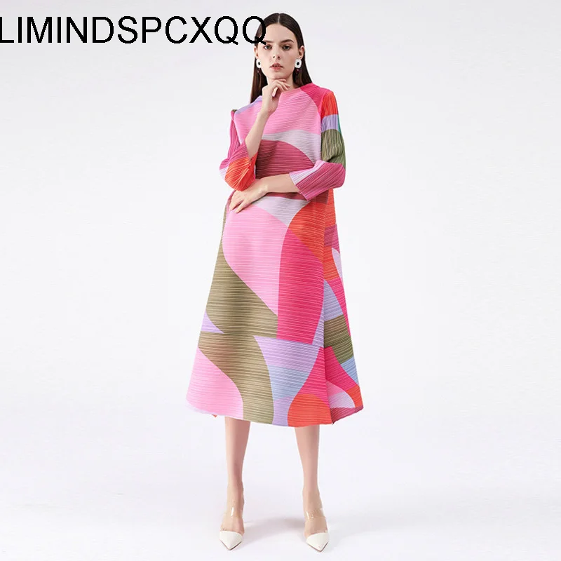 

Женское плиссированное платье с поясом, повседневное длинное платье с геометрическим рисунком, осень 2023