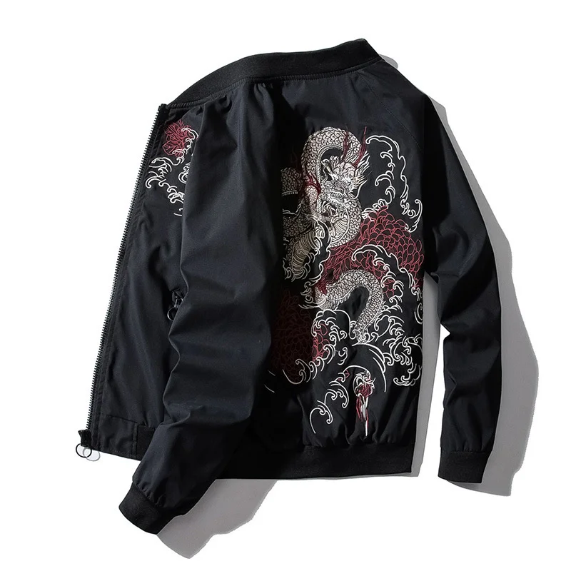 

Black Retro Punk Hip Hop Jacket Autumn Youth Streetwear High Street Hipster Chinese Dragon Embroidery Pilot Jacket Thin Or Thick