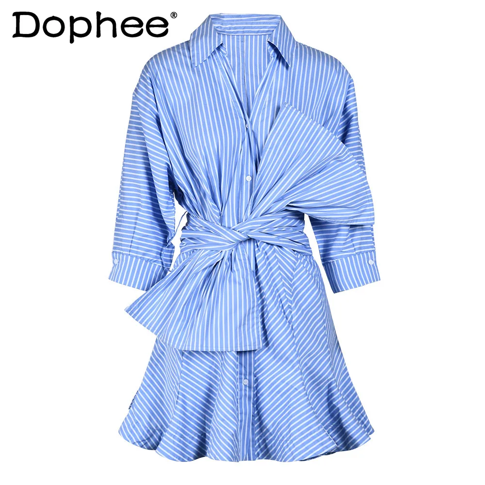 

Graceful Bow Lace-up Fitted Waist Striped Shirt Dress Autumn New Fashion Design Sense Versatile Casual Short Dresses Clothing