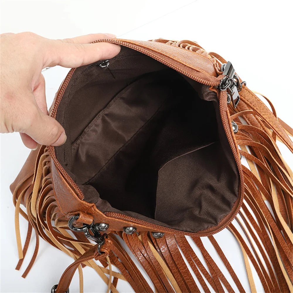 Vintage PU Leather Crossbody Bags Women Luxury Designer Rivet Tassels Shoulder Bag Fashion Versatile Ladies Handbags Domil105