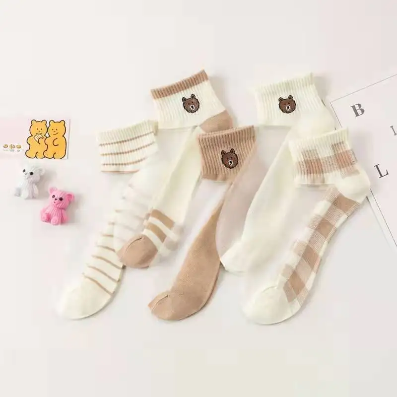 5 pairs of women's socks ins damp cotton bottom glass silk crystal stockings spring and summer thin summer boat socks women tran