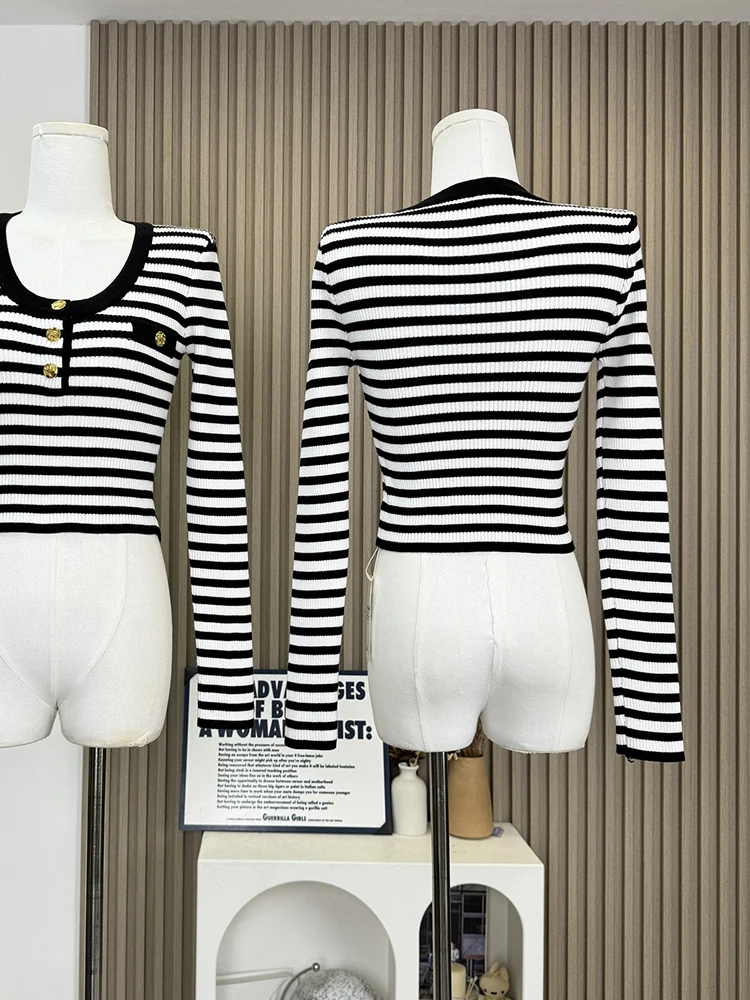 Зимний женский полосатый винтажный тонкий трикотаж с длинным рукавом