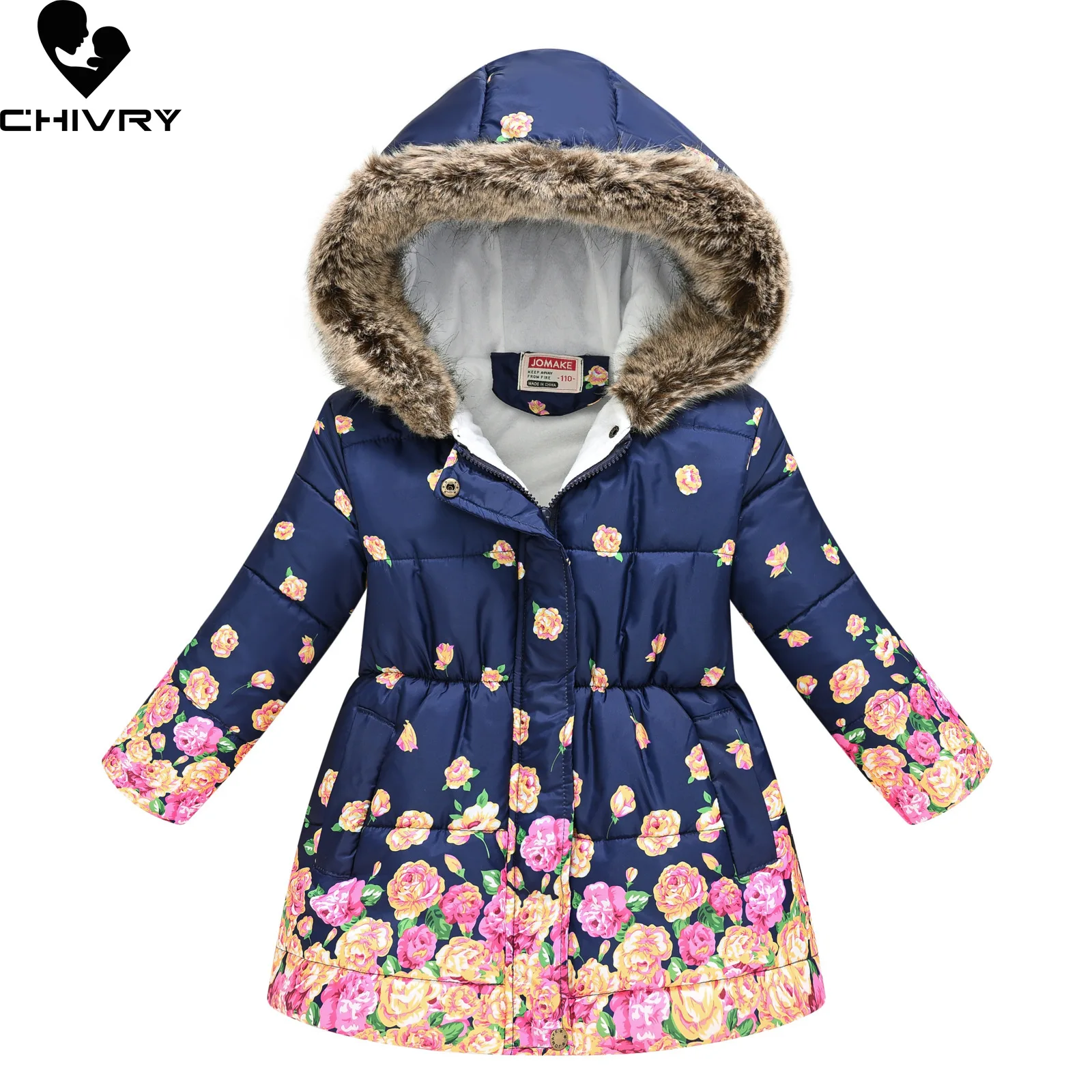 

New Kids Winter Cotton-padded Long Jacket Baby Girls Cartoon Print Fur Collar Hooded Parka Coat Children Thick Warm Down Jackets