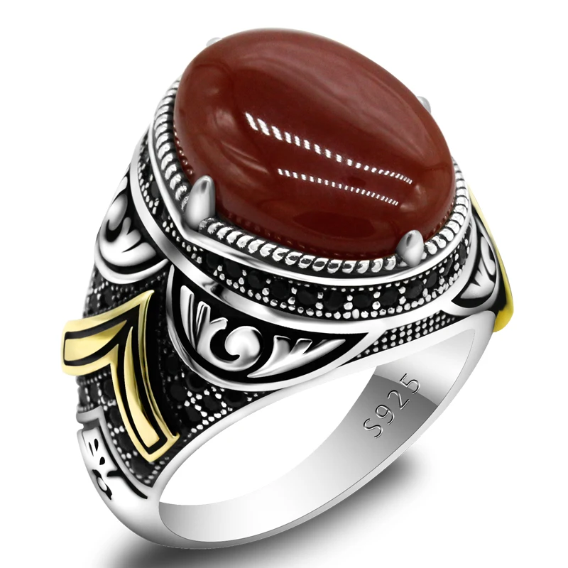 

Genuine Silver Jewelry Men's Rings Natural Red Agate Stone 925 Sterling Silver Pattern Punk Rings Gifts for Men and Women