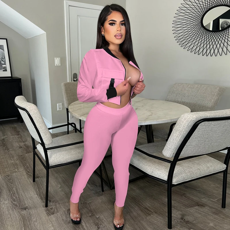 

Пикантный уличный женский однотонный комплект из двух предметов, короткий жакет с длинным рукавом и Бейсбольным воротником и облегающие ле...