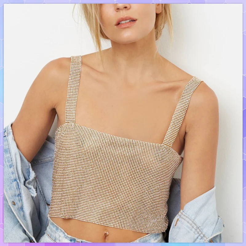 

Sleeveless Crop Top Female Adjustable Tees Club Women Party Tank Tops Metal Mesh Strap Sheath Draped Spark Diamonds Neck Halter