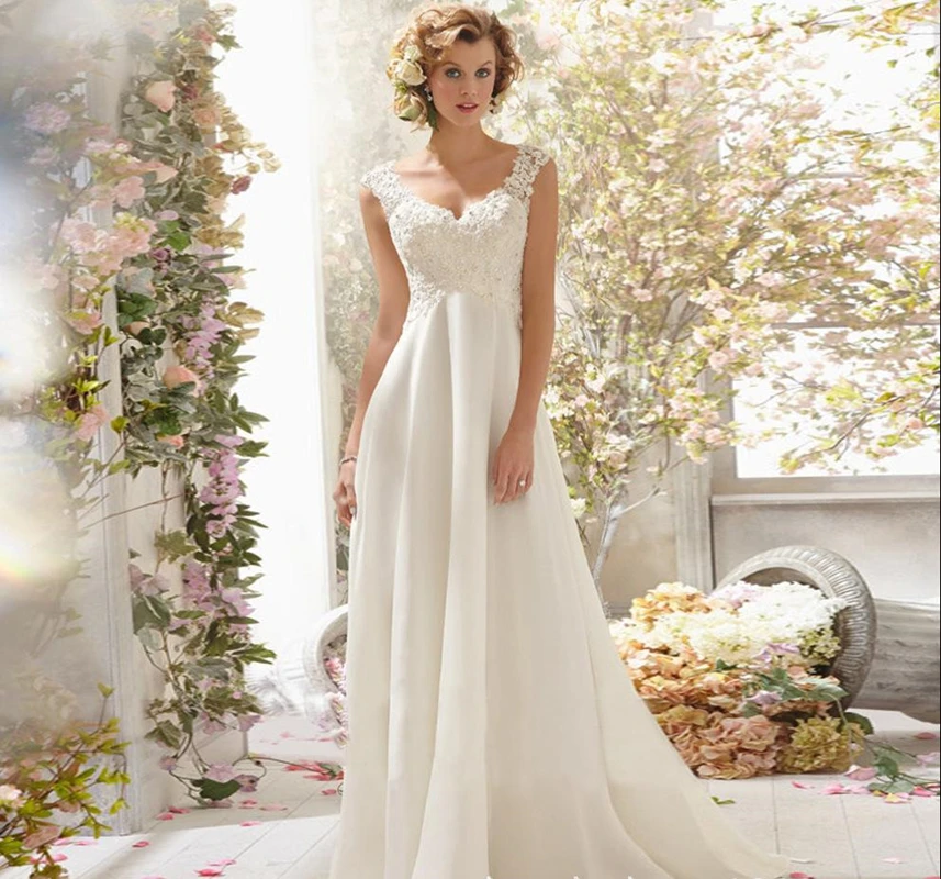 

Luxurious Sexy Sleeveless Backless Chiffon Wedding Dress Lace Appliqués Ruffle A-Line Court Train Princess Country Robe De Marie