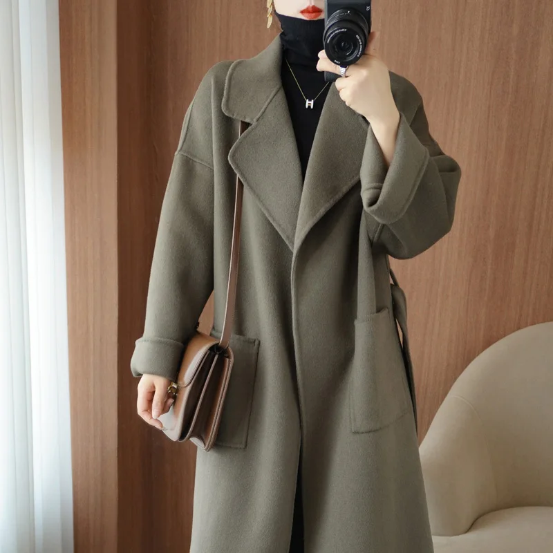 

100% Pure wool overcoat women's clothes loose winter double-sided cashmere long below the knee Korean coat lazy bathrobe