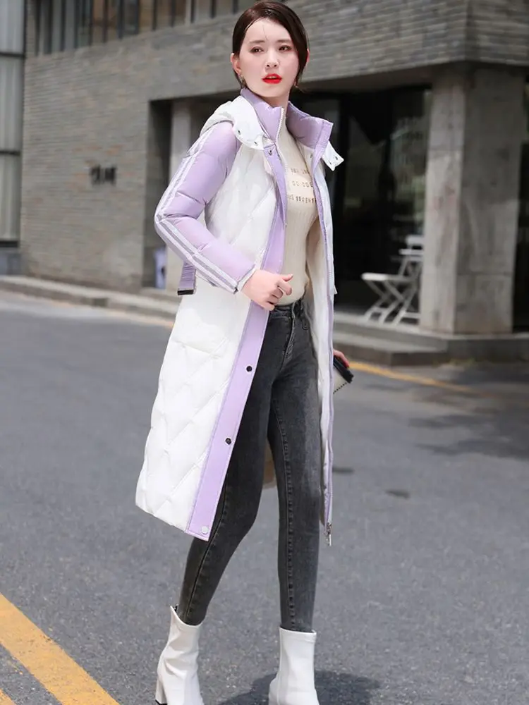 New Women Winter Down Coat Fashion Hooded Color Blocking Strecth Belt Long Thicken Slim White Duck Down Jacket Female Outerwear