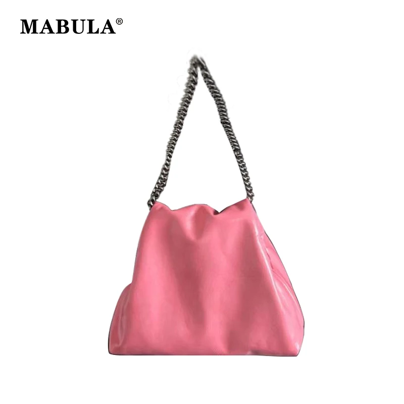 

MABULA Pink PU Leather Tote Handbag with Metal Chain Fashion Soft Clutch Purse Small Underarm Shoulder Bag Zipper Closure