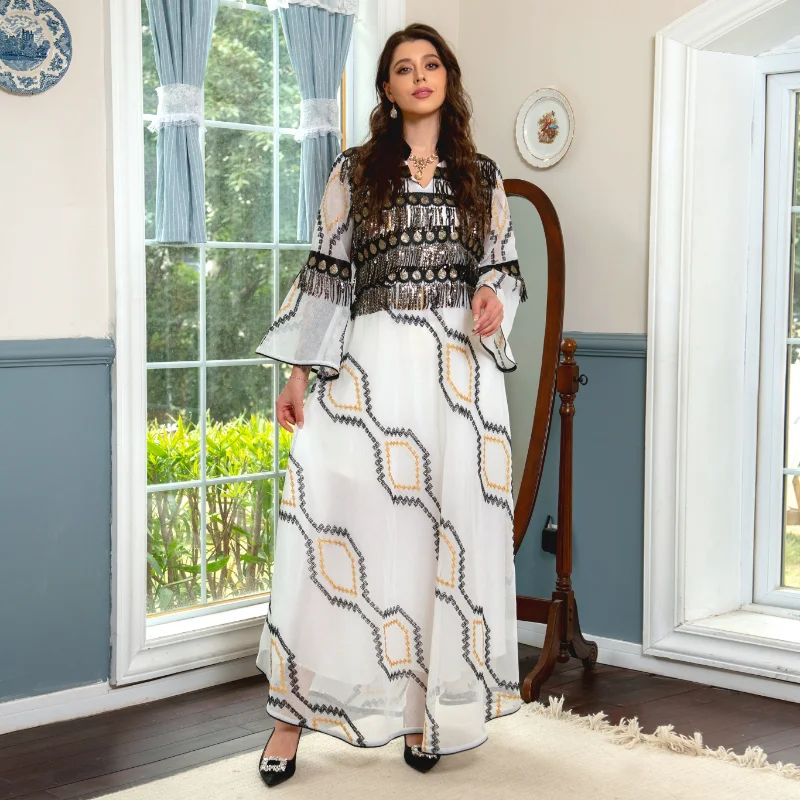 Muslim Fashion Summer Women Long Sleeve V-neck Polyester Sequined Long Abaya Muslim Dress Abaya Dress Clothes for Muslim Women