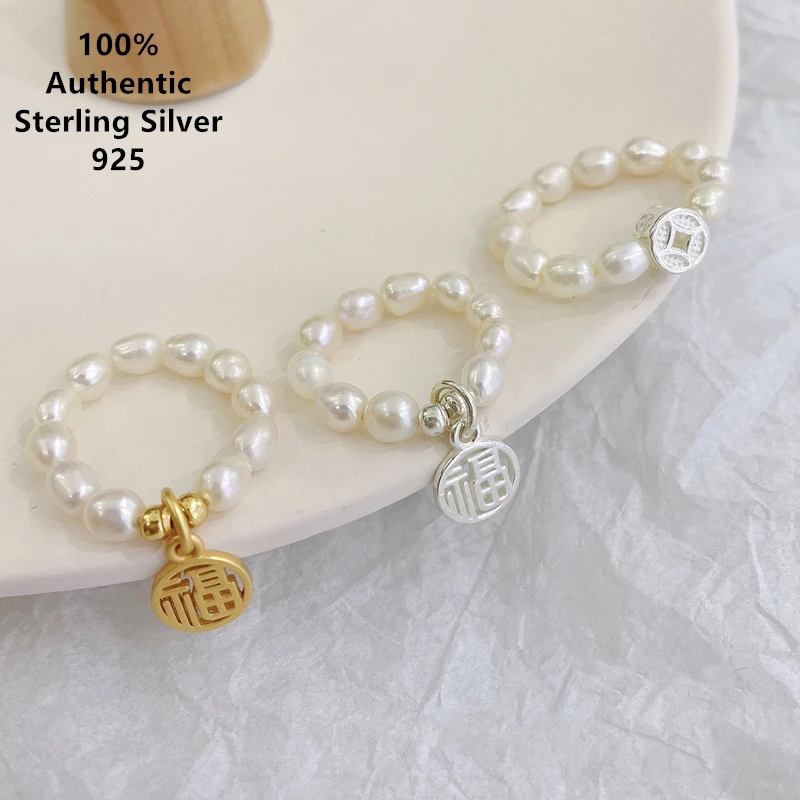 

кольцо Sterling Silver Anillos De Pata Ley 925 Mujer Fuzi Copper Coin Round Pearl Elastic Ring For Women Men Jewelry Original