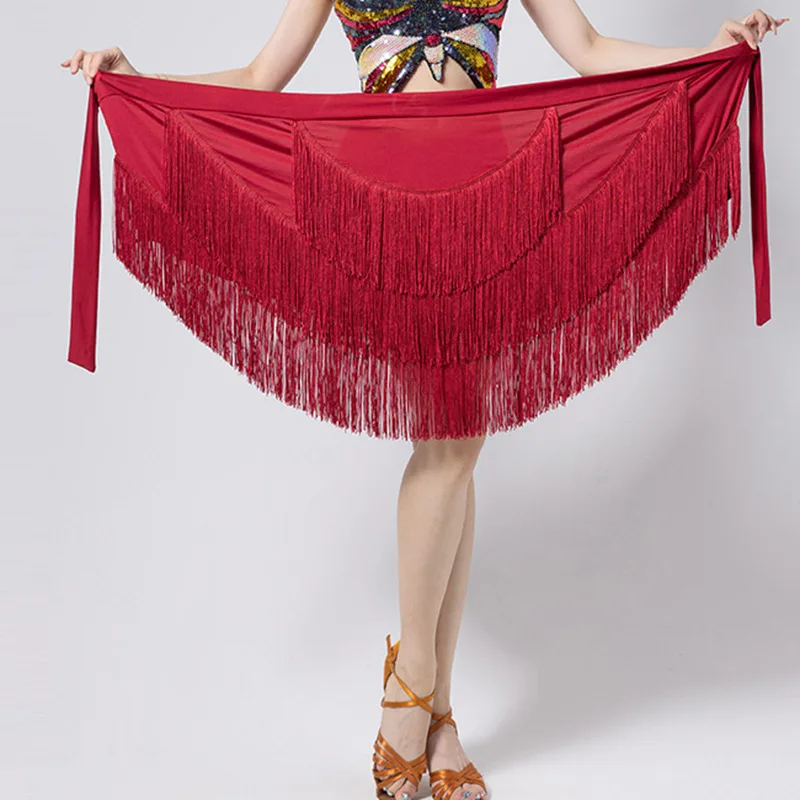 

2023 Adult Women Latin Dance 3 Layer Tassel Hip Scarf Skirt Ladies Fringed Wine Red Black Triangular Hip Scarf Dress Dancewear