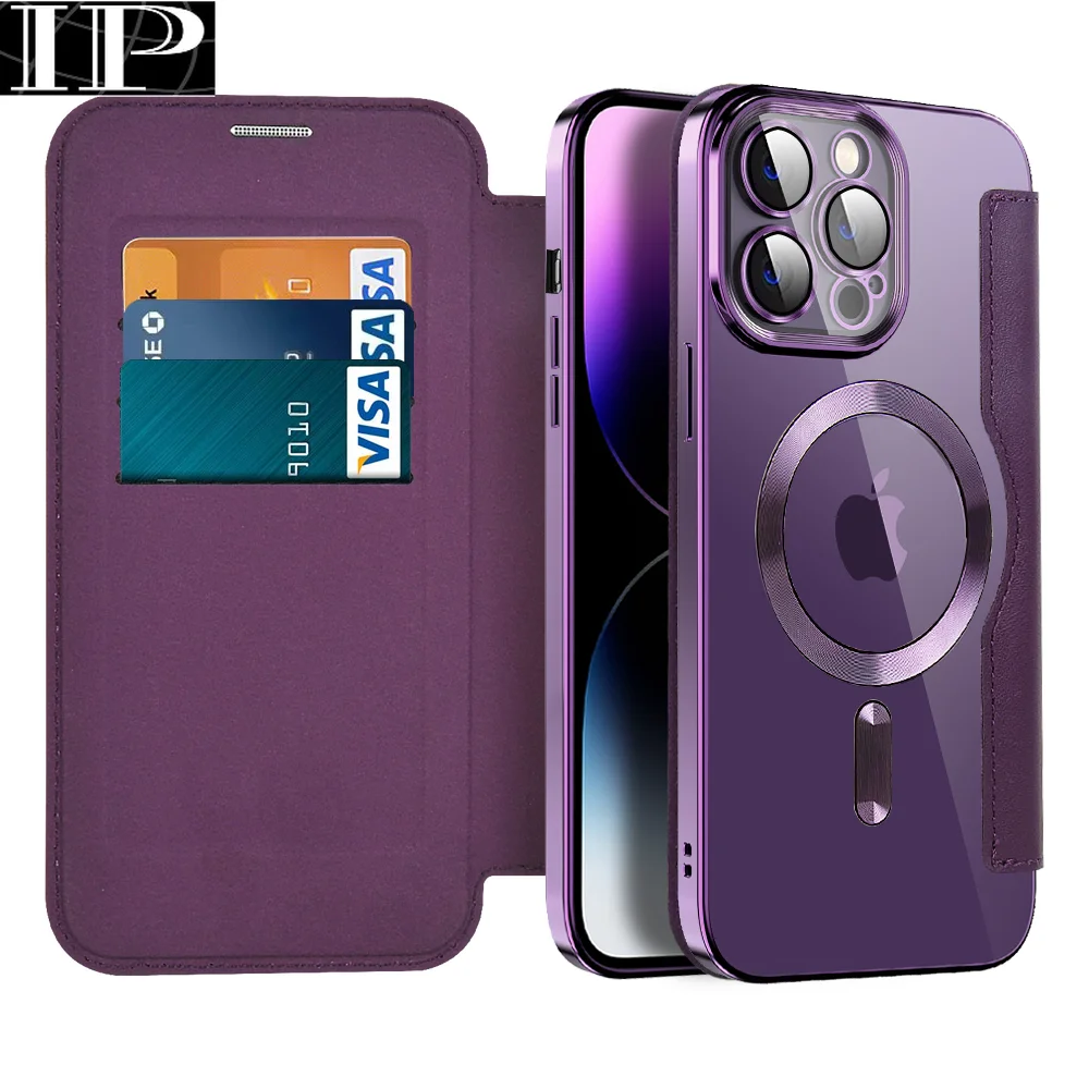 

Флип-кошелек кожаный магнитный чехол для iPhone 14 13 12 11 Pro Max 15Pro с подставкой и отделениями для карт прозрачная задняя крышка