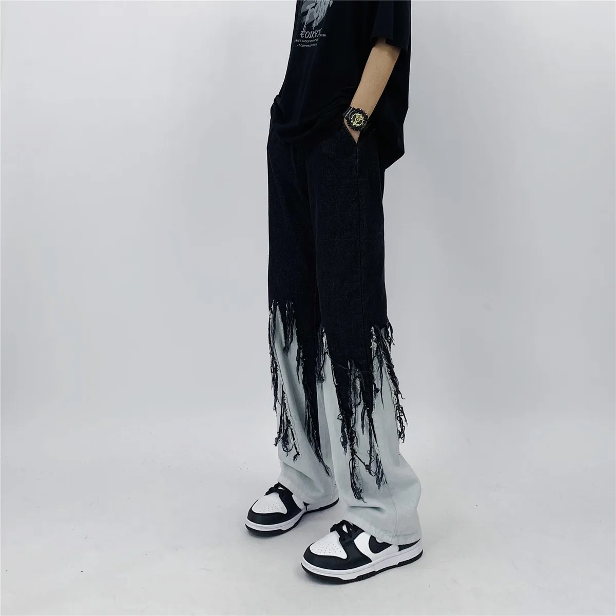 Four Seasons Men's Jeans High Street Hip Hop Contrast Color Tassel Loose Jeans Korean Fashion Jeans Hip Hop Men's Y2k Pants Men