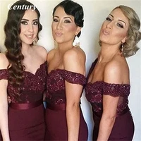 century burgundy sheath bridesmaid gowns off shoulder wedding guest party gowns brush train bridesmaid dresses with lace beading