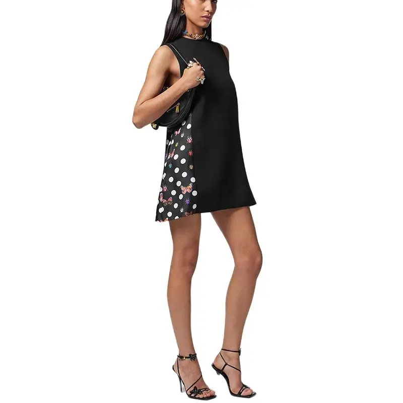 

Silk patchwork collision color polka dot butterfly print mini dress 2023 new y2k fashion sleeveless round neck ladies dress