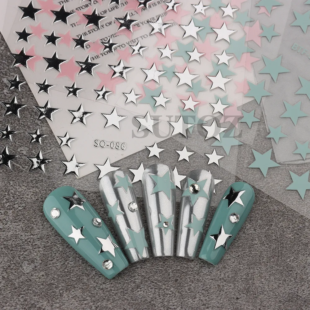 

1Pcs Blue Pink Star Nail Stickers Heart Nail Charms Self-Adhesive Sliders Silver Chrome Gel Polish Decals Kawaii Accesories