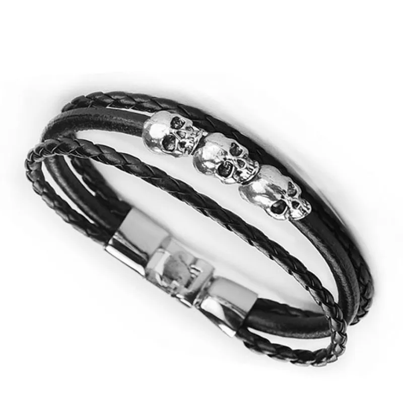 

Punk Skull Leather Bracelet Hand Woven Men's Braided Bracelet Jewelry