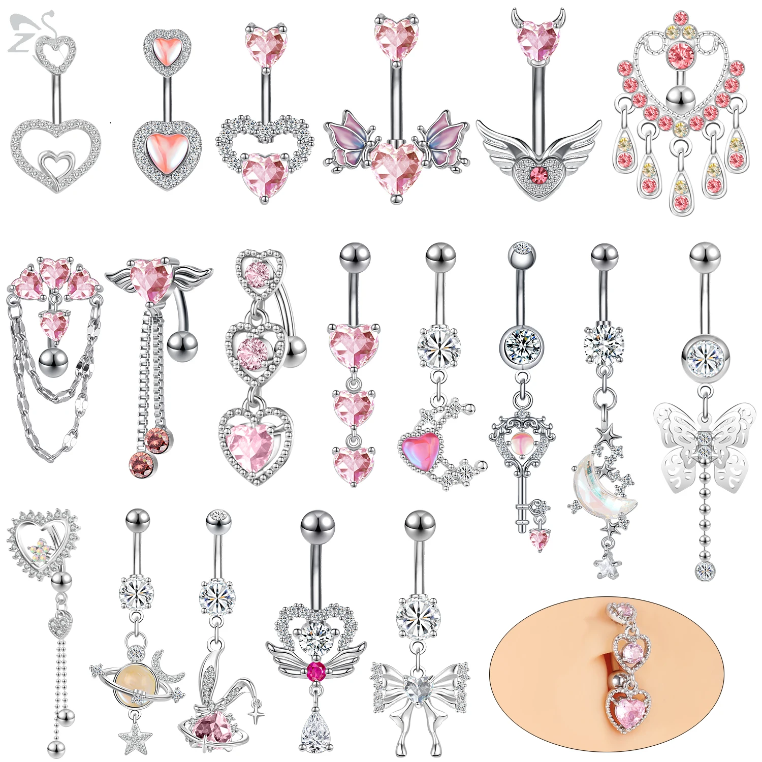 

ZS 1PC 14G Pink Crystal Pendant Belly Button Ring For Women Stainless Steel Navel Piercings Moon Heart Butterfly Belly Ring