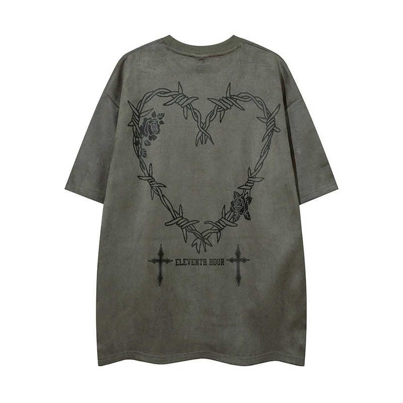 

Винтажная замшевая футболка в стиле хип-хоп, с графическим принтом сердца, большие футболки Harajuku, свободные, в стиле панк, готика, рубашки 2023, мужская мода, повседневный Топ
