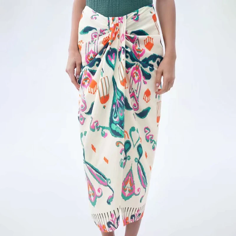 

2022 Summer Women Fashion Kink Decoration Folds Printed Skirt Beach Wind High Waist Hem Slit Femlae Long Skirt BB22425