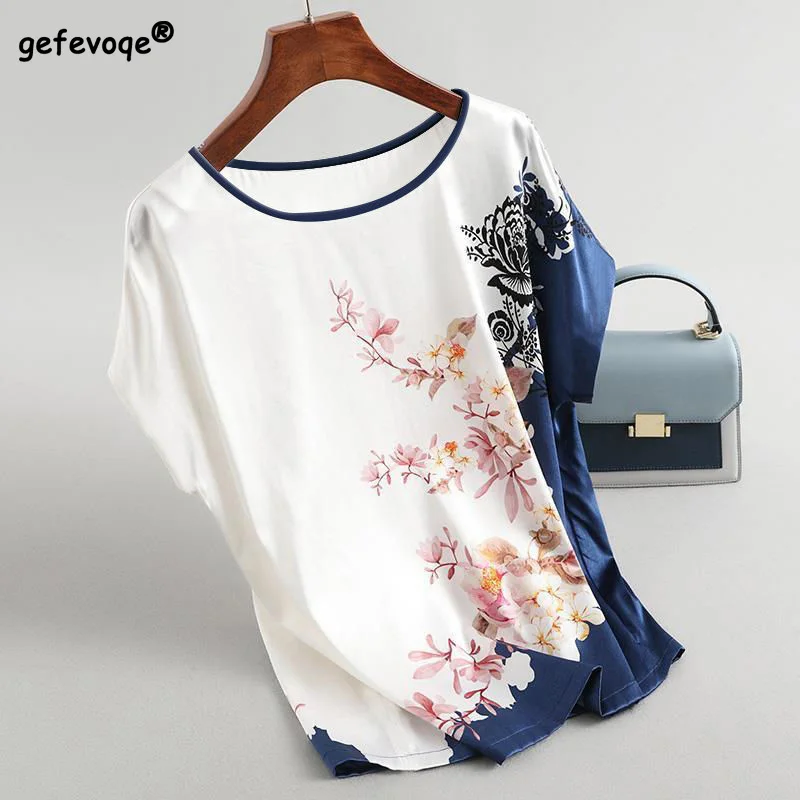 

Floral Print Office Lady O-neck Loose Tops Fashion Summer 2022 New Comfortable Wild Silky Short Sleeve T-shirts Women's Clothing