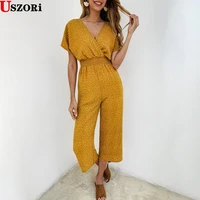 hot sale 2021 summer fashion casual print v neck pocket womens jumpsuit 0046