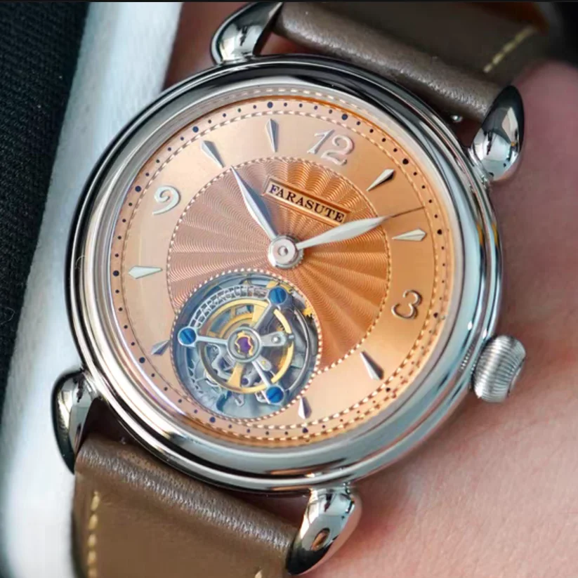 Фото Мужские часы FARASUTE Tourbillon, 37 мм, механические, с ручным заводом, ультратонкие, с сапфировым стеклом, циферблат Sunray, механизм Peacock Mov №2