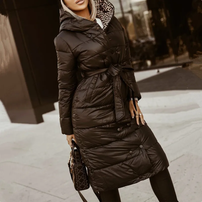 Winter Thick Parkas Women Vintage Fashion Solid Hoody Coats Elegant Tie Belt Long Cotton Jackets Female Ladies New 2022