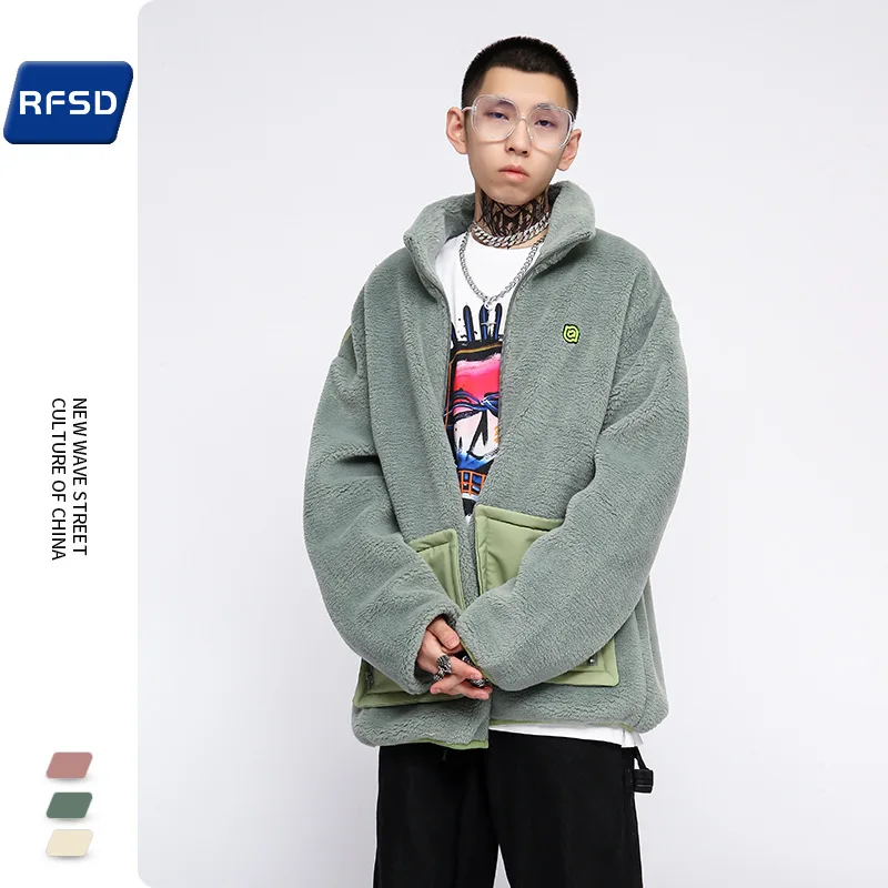 Autumn and winter color-blocking large pocket lamb wool jacket men's loose thickening all-match Men's winter jackets parkas