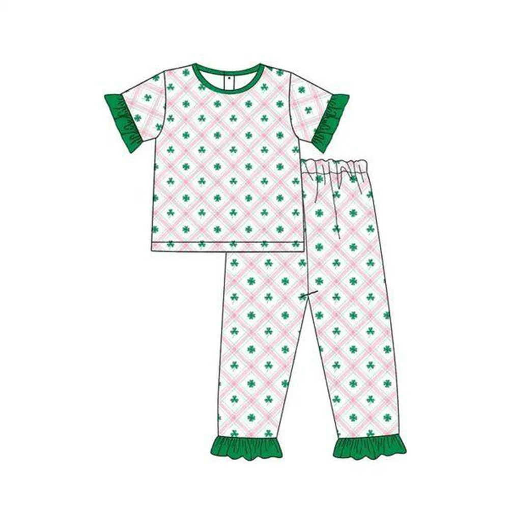 

St. Patrick's Day hot selling girls and boys series set short-sleeved lace cartoon print trousers kids suit baby jumpsuit milk