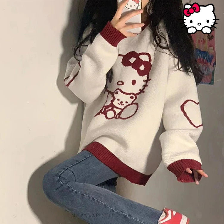 

Sanrio Female Autumn Wear Hello Kitty O-Neck Pullovers Loose Color Sweater Top Korean Sweater Women Fashion Long Sleeve Sweater