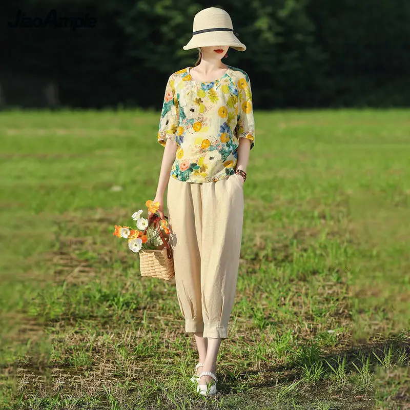 

Women's Summer Casual Cotton and Linen Floral Short-sleeved Top + Cropped Pants Two-piece Korean Elegant T-shirt Trousers Suit