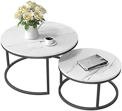 

Round Nesting Coffee Table, Set of 2 Modern Coffee Table with Faux Marble Top, Black Metal Frame White Nesting Table for Living
