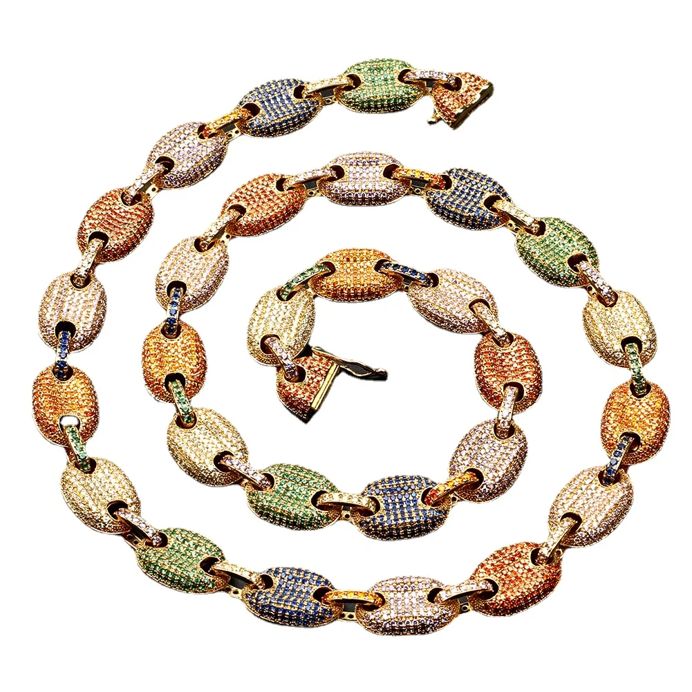 

2022 hot selling Copper tide gold plated gold silver hip hop full 3A zircon 9mm pig nose link chain Coffee beans men necklace