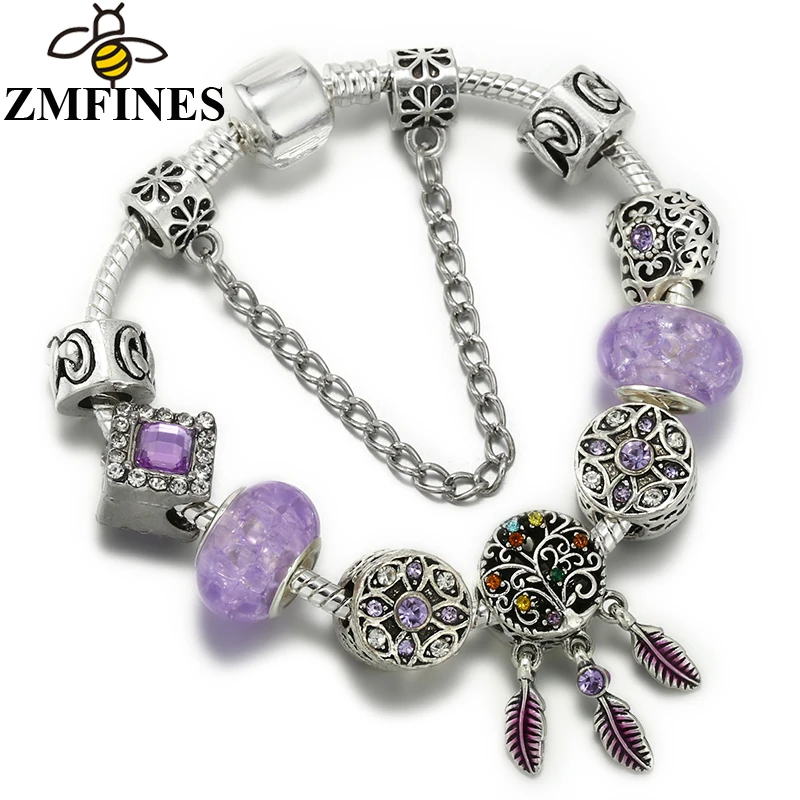 

Purple Crystal Dreamcatcher Beads Pendant DIY Snake Chain Original Charm Bracelet For Women Lover Party High Quality Jewelry