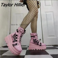 2022 new pink round toe platform wedge heel womens shoes sexy fashion large size short boots mid calf heightening chelsea boot