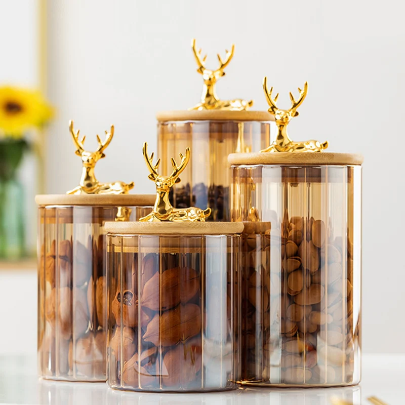 Creative Golden Deer Glass Storage Jar Amber Sealed Tea Can Food Milk Powder Sugar Jar Kitchen Storage Container Home Decoration