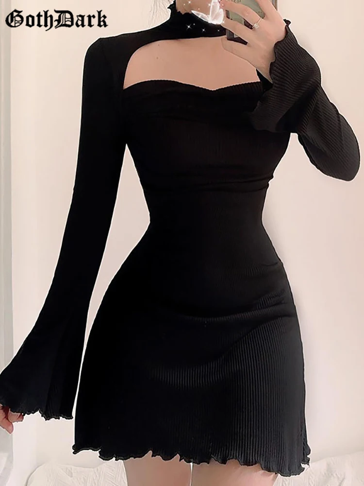 Goth Dark/черные вечерние платья феи с высоким воротником и вырезами готическое