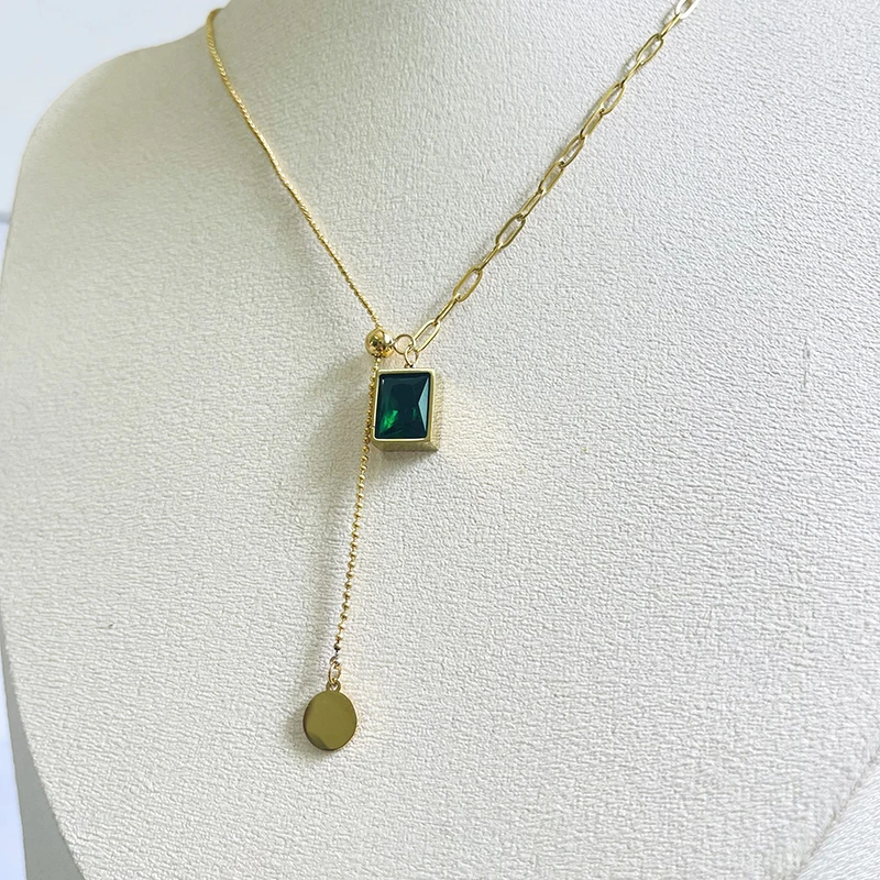 316L Stainless Steel Accessories 18K Gold Jewelry Square Emerald And Round Plate Pendant Beads Chain Necklaces