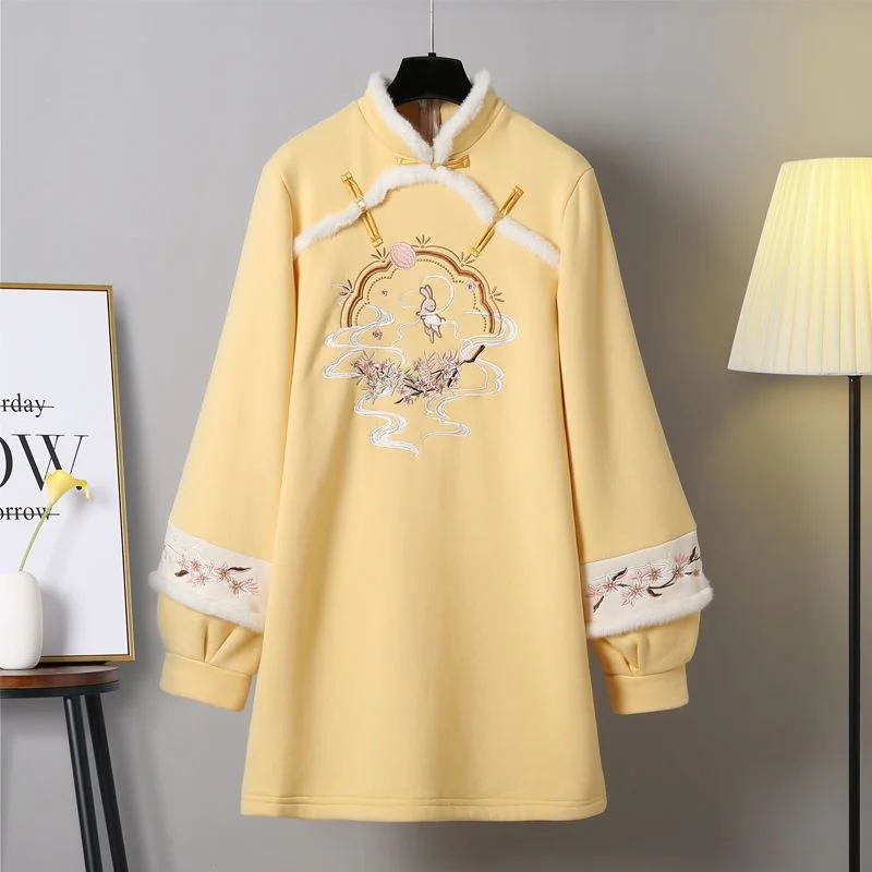 

Новогоднее платье-толстовка с длинными рукавами и вышивкой Hanfu, Современные Бархатные платья, зимние женские платья в китайском стиле