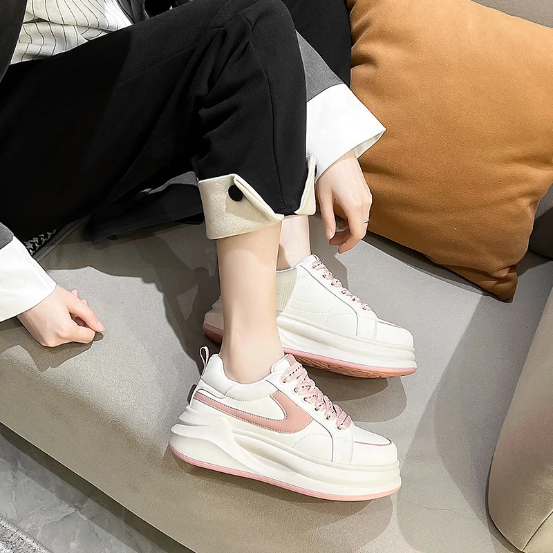 Autuspin Women Sneakers Fashion Casual Lace-Up Sports Shoes Spring Autumn Genuine Leather Flats Platforms Wedges Shoes Woman