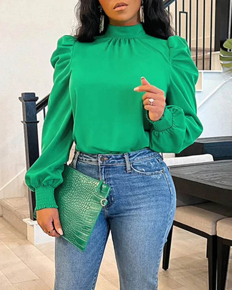 

2023 Women Summer Tie Back Shirred Puff Sleeve Top Round Neck Long Sleeve Casual Pullover Top Spring Women T-Shirts Female Ropa
