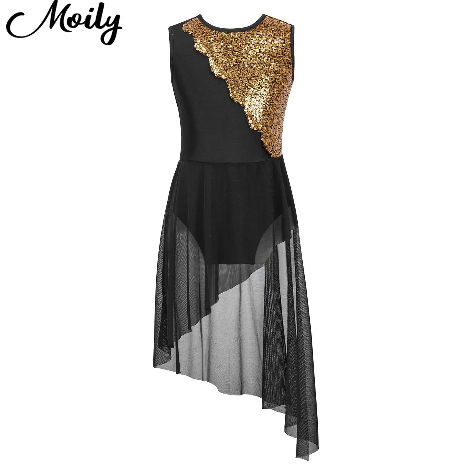 

Kids Girls Sleeveless Shiny Sequins Patchwork Irregular Hem Hollow Back Ballet Dress Skating Dance Leotard Dancewear Performance