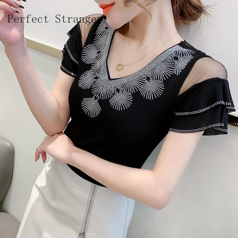 

Женская футболка с коротким рукавом, Новинка лета 2021, модные повседневные топы с V-образным вырезом, Лидер продаж, сетчатые топы, одежда боль...